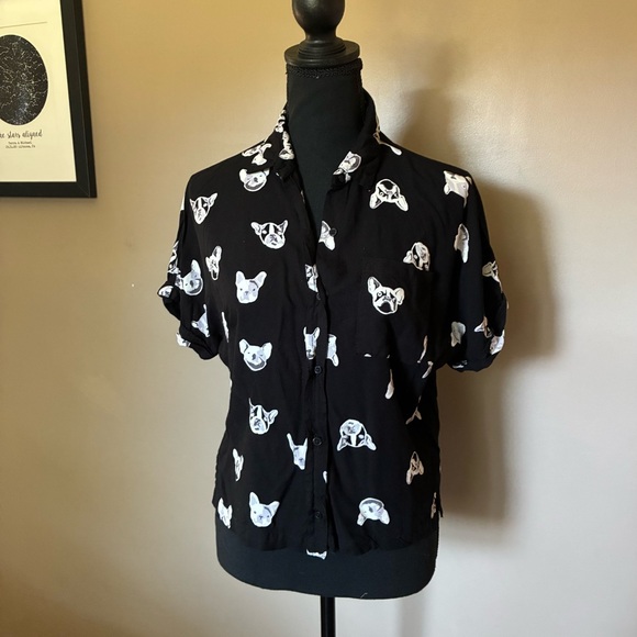 Japna Tops - JAPNA dog patterned shirt French bulldog novelty button down sz S black & white